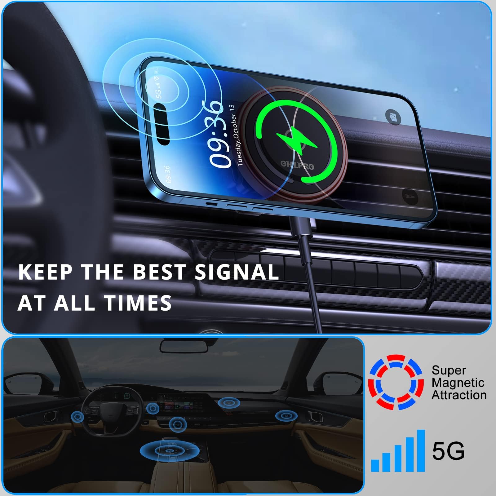 Ohlpro For Iphone 16 Magsafe Car Mount, Dashboard Magsafe Car Phone Holder Charger For 15 14 13 12 Pro/Pro Max/Plus/Mini,15W Fas